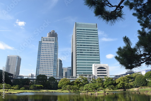 The Ky   Shiba Riky   Garden - a public garden and former imperial garden in Minato ward in Tokyo  tall skyscrapers in the background  