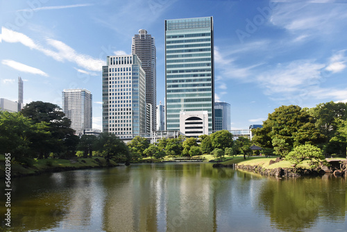 The Kyū Shiba Rikyū Garden - a public garden and former imperial garden in Minato ward in Tokyo, tall skyscrapers in the background   © Magdalena