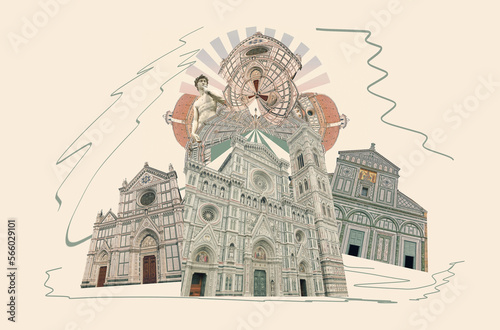 Collage of landmarks of Florence, Italy. Basilica of Santa Maria del Fiore or Basilica of Saint Mary of the Flower in Florence, Italy. Art design