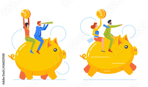 Man and Woman Characters Ride Piggy Banks with Golden Coins and Spyglass. Financial Success. Cartoon Vector Illustration