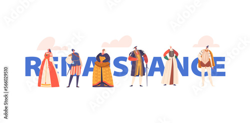 Renaissance Concept with Rich Men and Women in Antique Era Clothing. Smiling People of Advanced Culture and Humanism