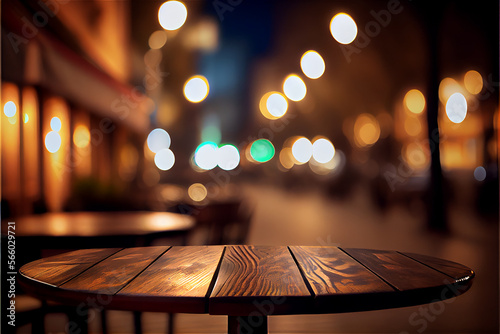Empty wooden table in a terrace in a nighttime urban setting, generative AI