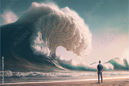 Tsunami, lonely figure at the beach looking to a huge upcoming wave, generative AI