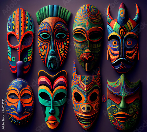 Colorful masks from different countries and cultures forming a multicolored background  generative AI