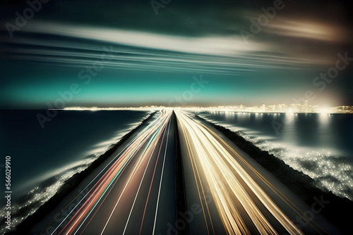 magical landscape pop art - road in the night by the ocean