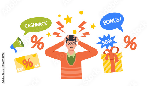 Nervous Young Man Character Outraged by Intrusive Advertising. Excessive Promotion Cartoon Vector Illustration