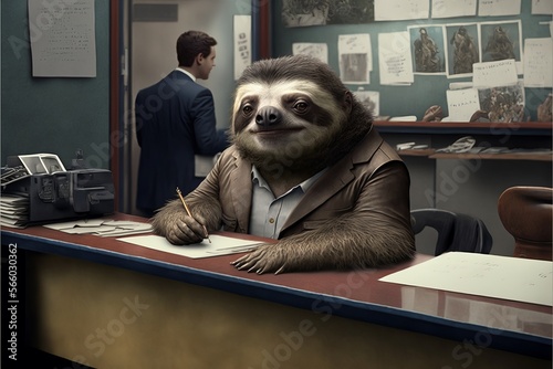 A realistic sloth in a business suit working at the DMV. A metaphor for how long it takes to have paperwork processed at a government office photo