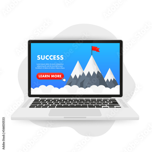 Success and mountains on a laptop. Mountain and red flag on laptop success business concept vector design. Starting a business launching a new product or service. Business project. Vector illustration