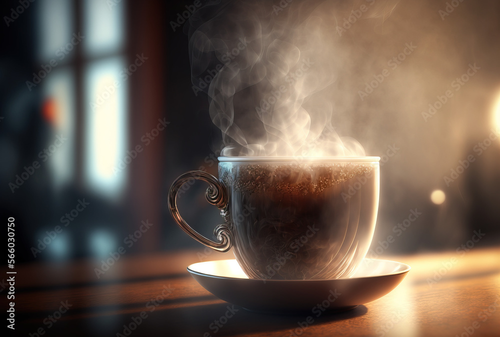 a steaming hot cup of coffee on a desk at a modern coffeshop. generative ai. a steaming hot cup of coffee on a desk at a modern coffeshop. generative ai.