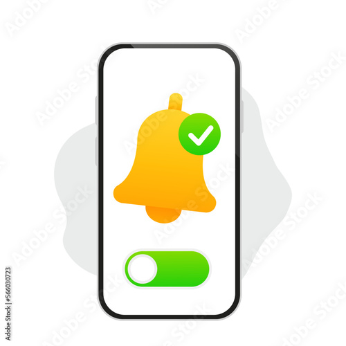 A smartphone with bell, a reminder message. Nev notice on the phone. Alert notification with notification bell. Concept for reminder on social media. Vector illustration
