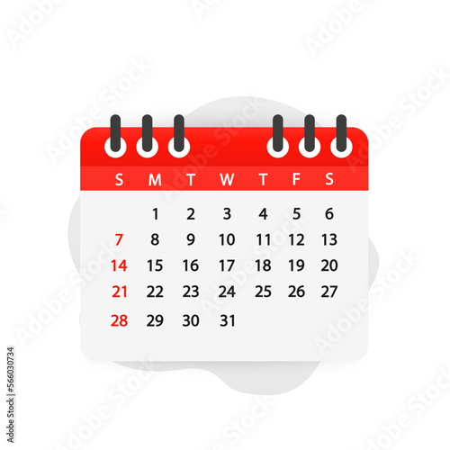 Calendar Leaf. In flat style. Agenda concept with calendar. The week starts on Monday. Permanent month. Vector illustration
