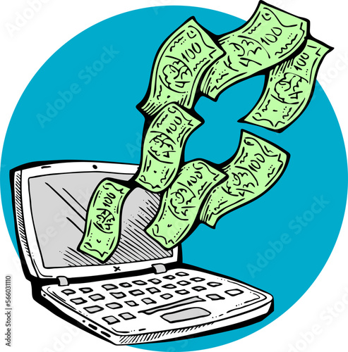 Money cash flying into and out of wallet. Income transfer, currency revenue, inflation and deflation, finance and business theme. Hand drawing illustration. Cartoon style line drawing.