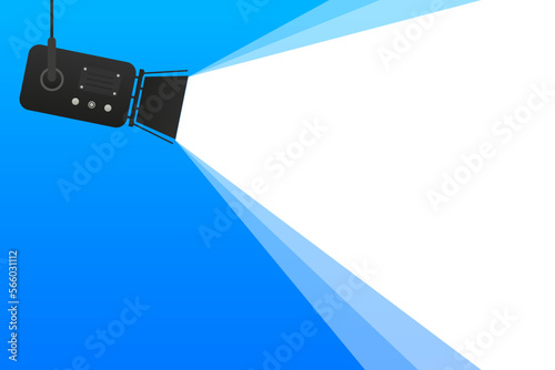 Banner blue spotlight background. Cinema background. Film festival template for banner, flyer, poster or tickets. Old movie projector with place for text. Cinema concept. Vector illustration