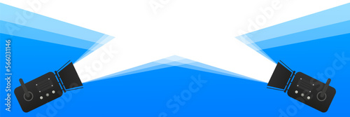 Two black spotlights illuminated on a blue wall. Lamp light projectors glowing with scattered rays. Film festival template for banner, flyer, poster or tickets. Place for text. Vector illustration
