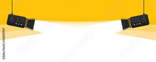 Two black spotlights illuminated on a yellow wall. Lamp light projectors glowing with scattered rays. Film festival template for banner, flyer, poster or tickets. Place for text. Vector illustration