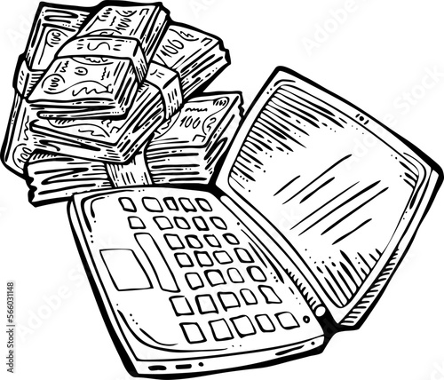 Money cash flying into and out of wallet. Income transfer, currency revenue, inflation and deflation, finance and business theme. Hand drawing illustration. Cartoon style line drawing.