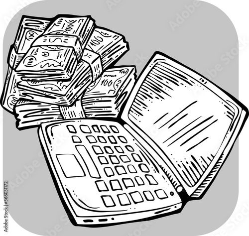 Money cash flying into and out of wallet. Income transfer, currency revenue, inflation and deflation, finance and business theme. Hand drawing illustration. Cartoon style line drawing.