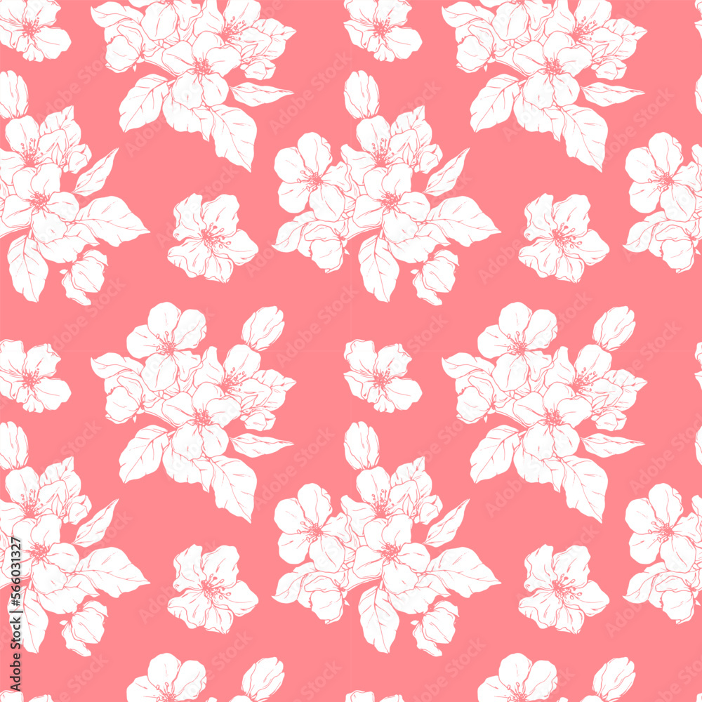 Drawn apple blossom. Spring. The first flowers. Tree. Spring flowers. Apple tree. Set. Holidays. Invitations. Wedding. Set of floral patterns. Seamless vector pattern.