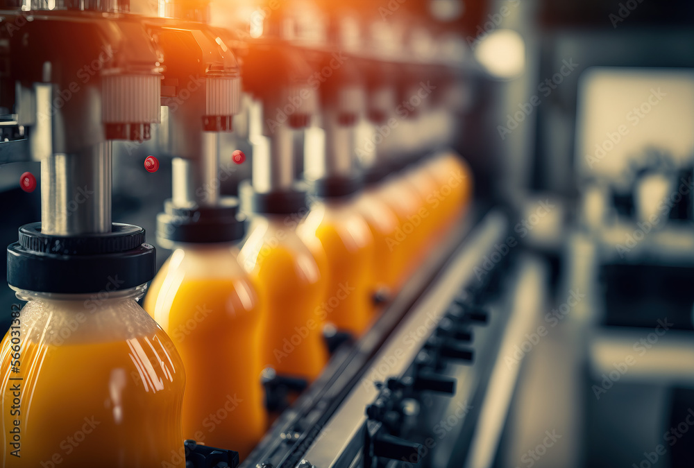 Bottling factory. Orange juice bottling line. Processing and bottling juice into bottles. golden hour. generative ai.