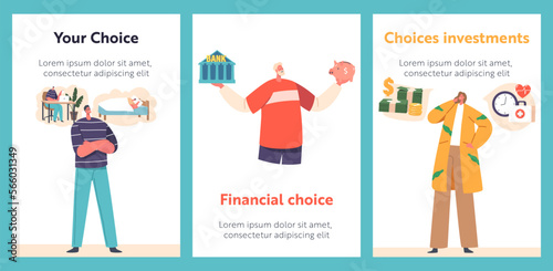 Banners with People Characters Make Choice about Financial Matters. Investments, Working Hours and Deposit Solutions