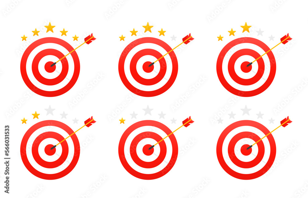 Set Target with a star rating. Success in business development or digital marketing campaign. Five star review from targe. Business strategy. Vector illustration Set Target with a star rating. Success in business development or digital marketing campaign. Five star review from targe. Business strategy. Vector illustration
