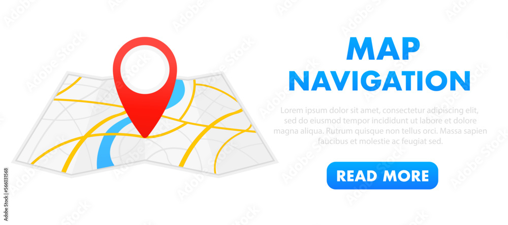 Map with a pin. Red direction indicator on a folded city map, gps ...