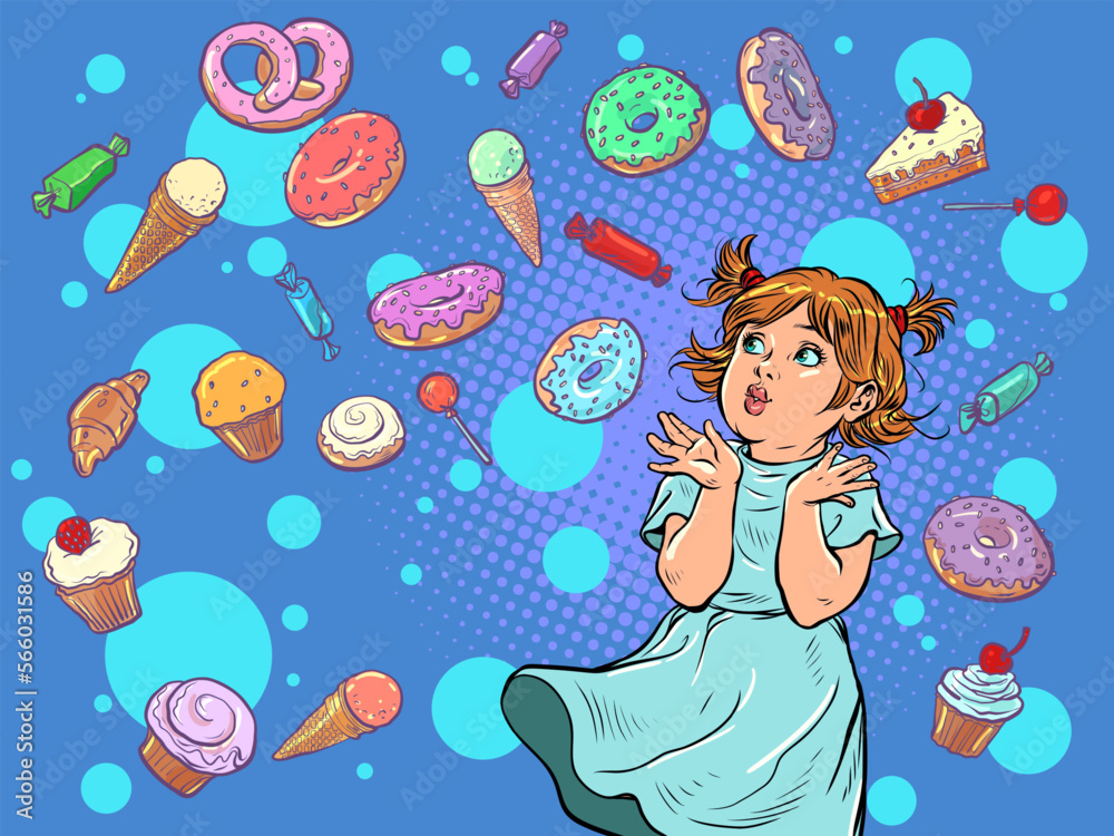 Joyful happy girl. Confectionery sweets candy cupcake donut cake ice cream. birthday background