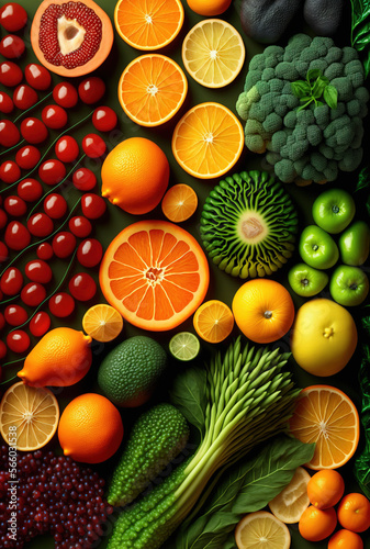 Fruit and vegetable background. Top view. generative ai.