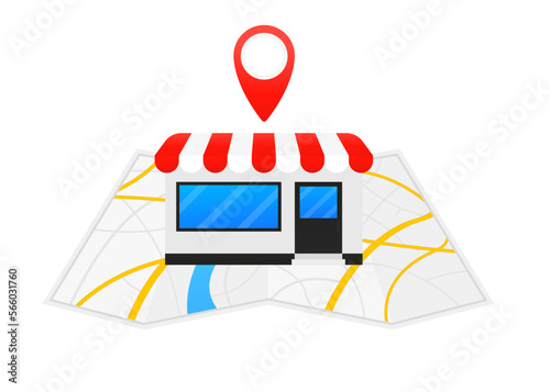 Map with pin shop. Gps navigation and place of movement. We have moved the new location of the office icon. Address of movement, change of location, advertisement, business. Vector illustration