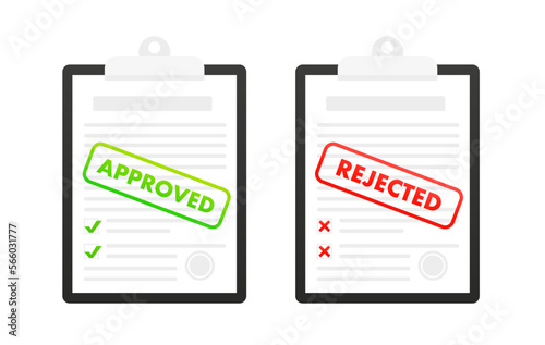 Approved and rejected application. Clipboard with document, red rejected and green approved stamp on white background. Concept of fill out online application form. Vector illustration