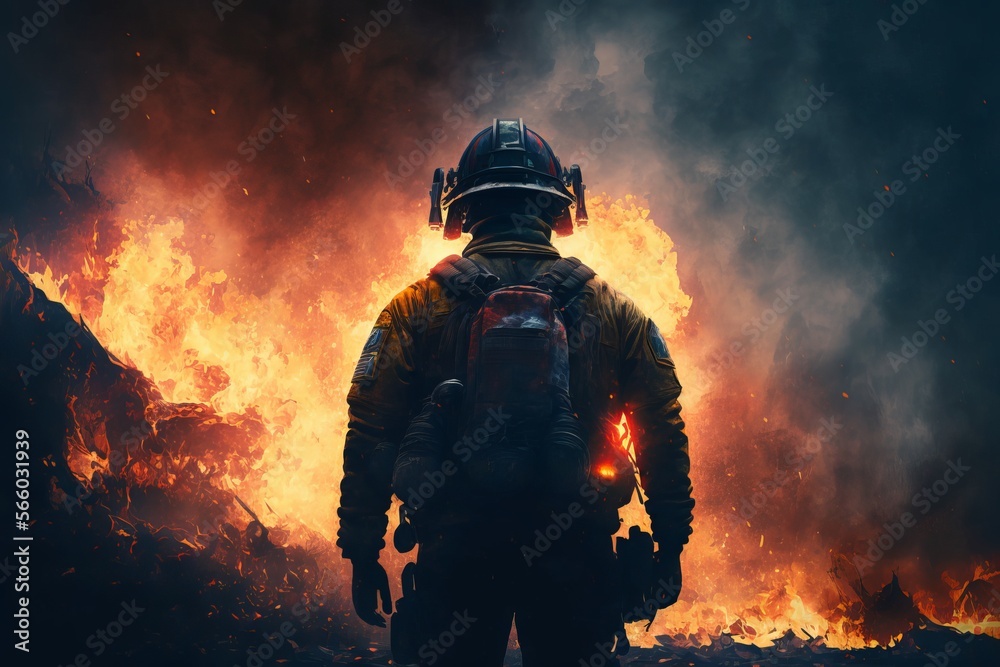 Firefighter standing in front of frightening explosion Firefighter standing in front of frightening explosion