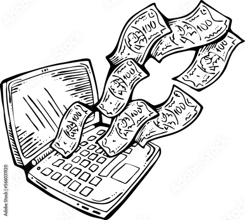 Money cash flying into and out of wallet. Income transfer, currency revenue, inflation and deflation, finance and business theme. Hand drawing illustration. Cartoon style line drawing.