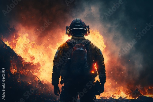 Firefighter standing in front of frightening explosion
