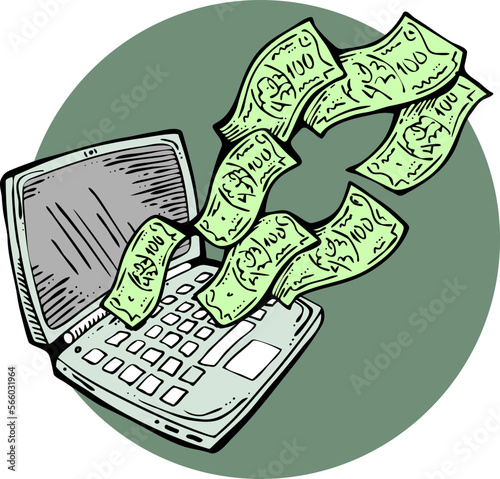Money cash flying into and out of wallet. Income transfer, currency revenue, inflation and deflation, finance and business theme. Hand drawing illustration. Cartoon style line drawing.