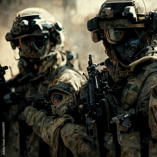 Concept art illustration of army soldiers on war, close up, ai generated V1