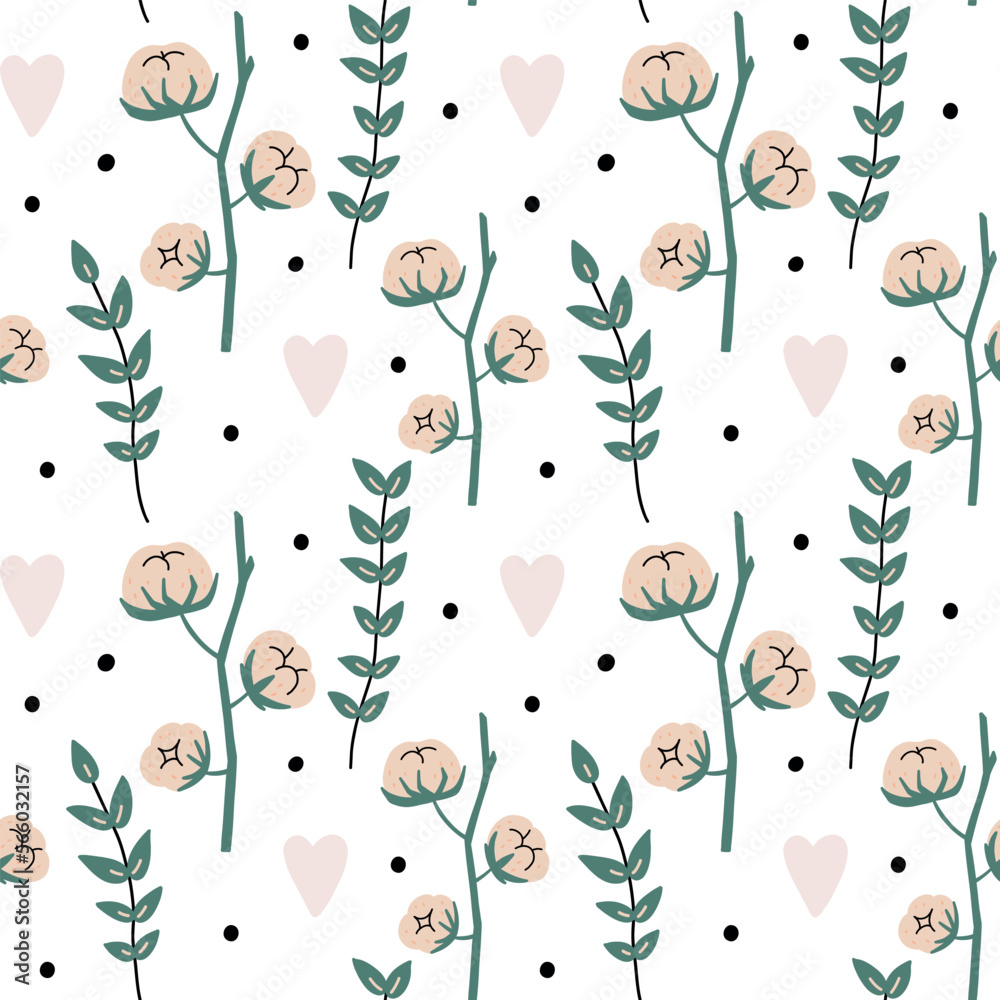 Cotton pattern with plants. Hand Drawn Vector Background Cotton pattern with plants. Hand Drawn Vector Background