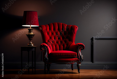 modern living room with red armchair gray lamp & dark walls, generative ai © Kitten Monster