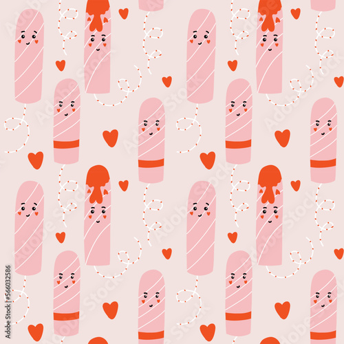 Menstrual tampons characters pattern. Feminine intimate hygiene cartoon products. Hand drawn vector mascot kawaii illustration