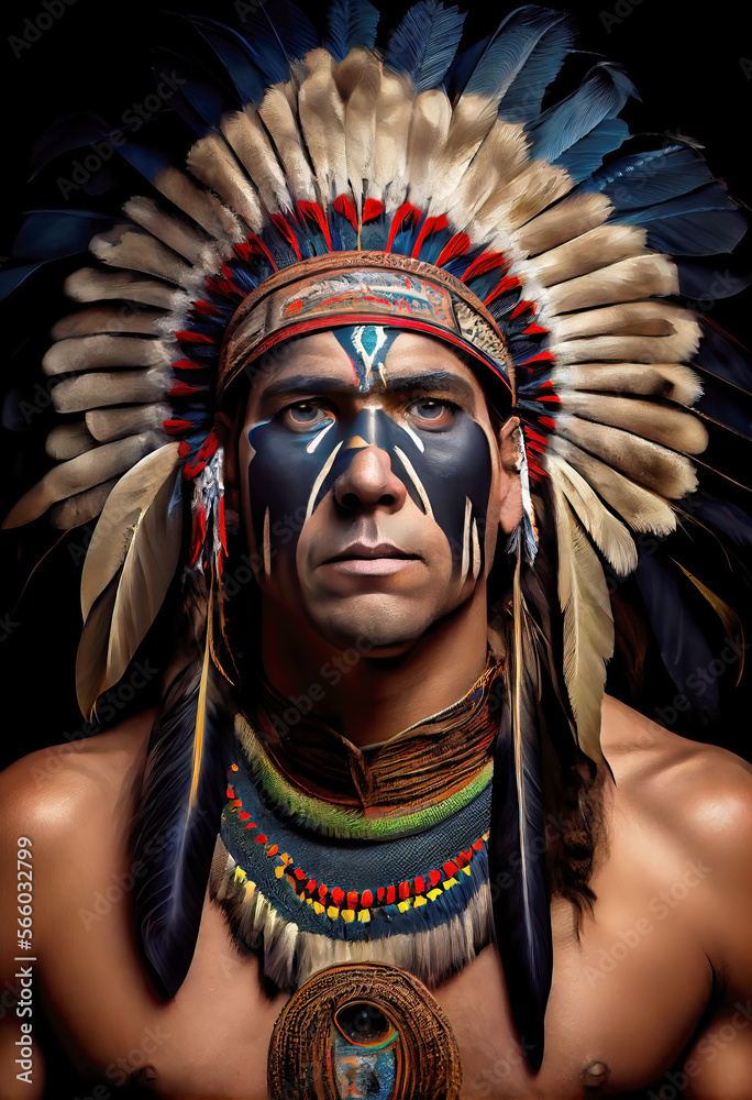 Illustration portrait of a handsome Native American Warrior Chief in ...