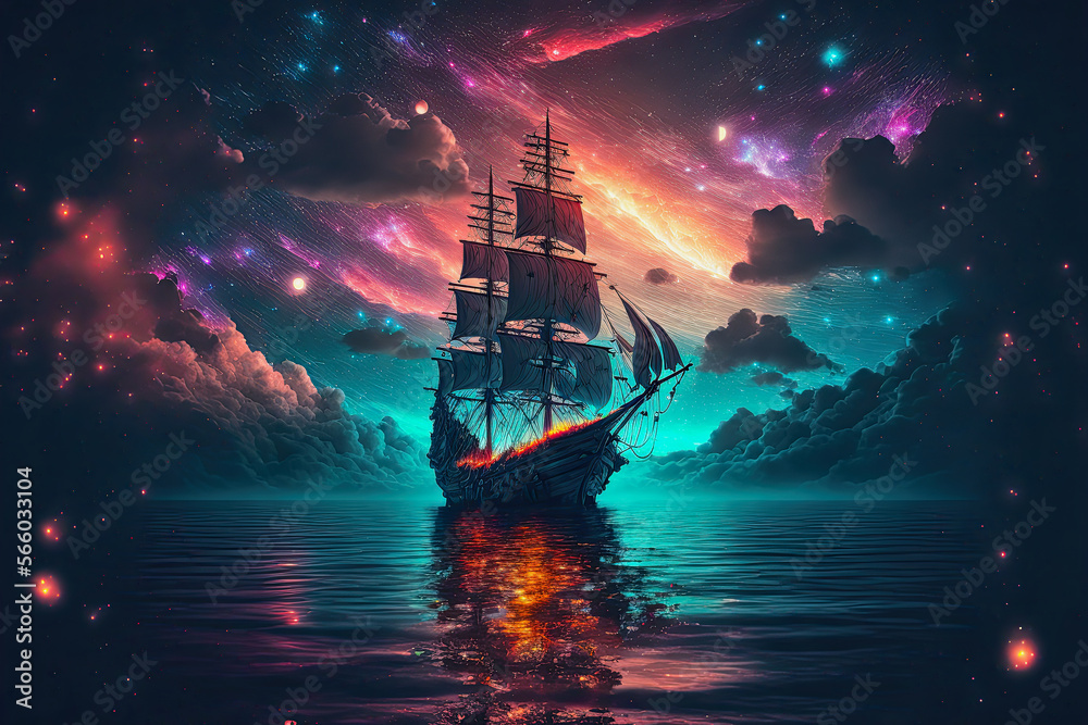 Fototapeta premium ai generative fantasy illustration of pirate ship in the ocean, in the background colorful galactic sky