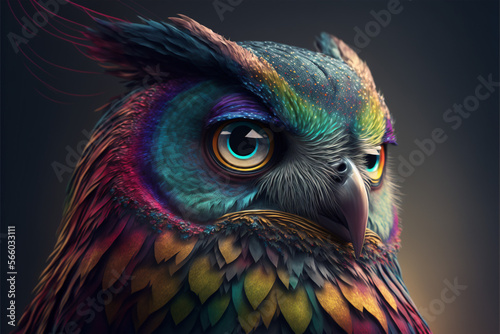 A close up rainbow feathered owl portrait.