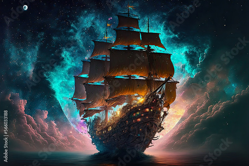 ai generative fantasy illustration of pirate ship in the ocean, in the background colorful galactic sky