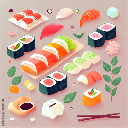 Bright   Cute Sushi Illustration Set - Iconic Japanese Food in Soft Watercolor