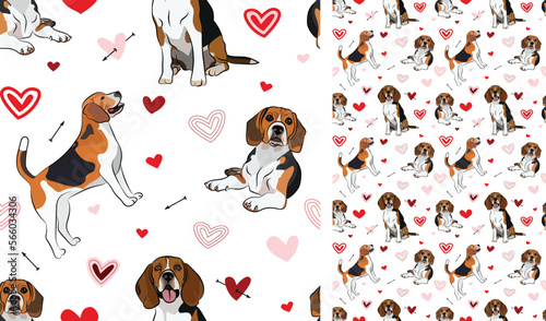 Beagle dog Valentine's day heart wallpaper. Love doodles creative hearts with pets holiday texture. square background, repeatable pattern. St Valentine's day wallpaper, valentine present, print tiles.
