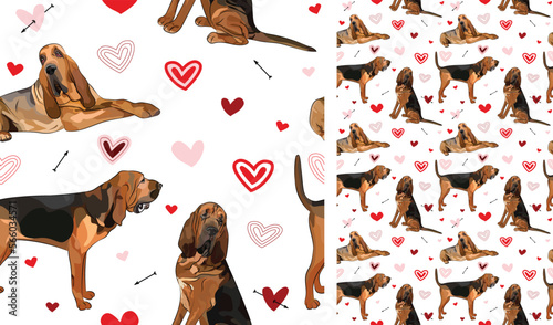 Fun Bloodhound dog Valentine's day heart wallpaper. Love doodles hearts with pets holiday texture. square background, repeatable pattern. St Valentine's day wallpaper, valentine present, print tiles.