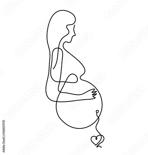 Mother silhouette body with heart as line drawing picture on white