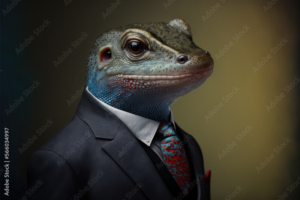 Green lizard boss concept on a green dark background. Businesslizard wearing a formal suit. Generative AI