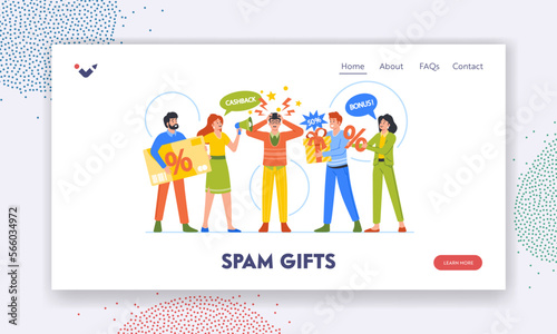 Spam Gifts Landing Page Template. Male Tired of Intrusive Advertising. Sellers Characters Offer Bonuses and Discounts