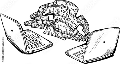 Money cash flying into and out of wallet. Income transfer, currency revenue, inflation and deflation, finance and business theme. Hand drawing illustration. Cartoon style line drawing.
