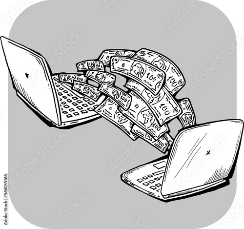 Money cash flying into and out of wallet. Income transfer, currency revenue, inflation and deflation, finance and business theme. Hand drawing illustration. Cartoon style line drawing.
